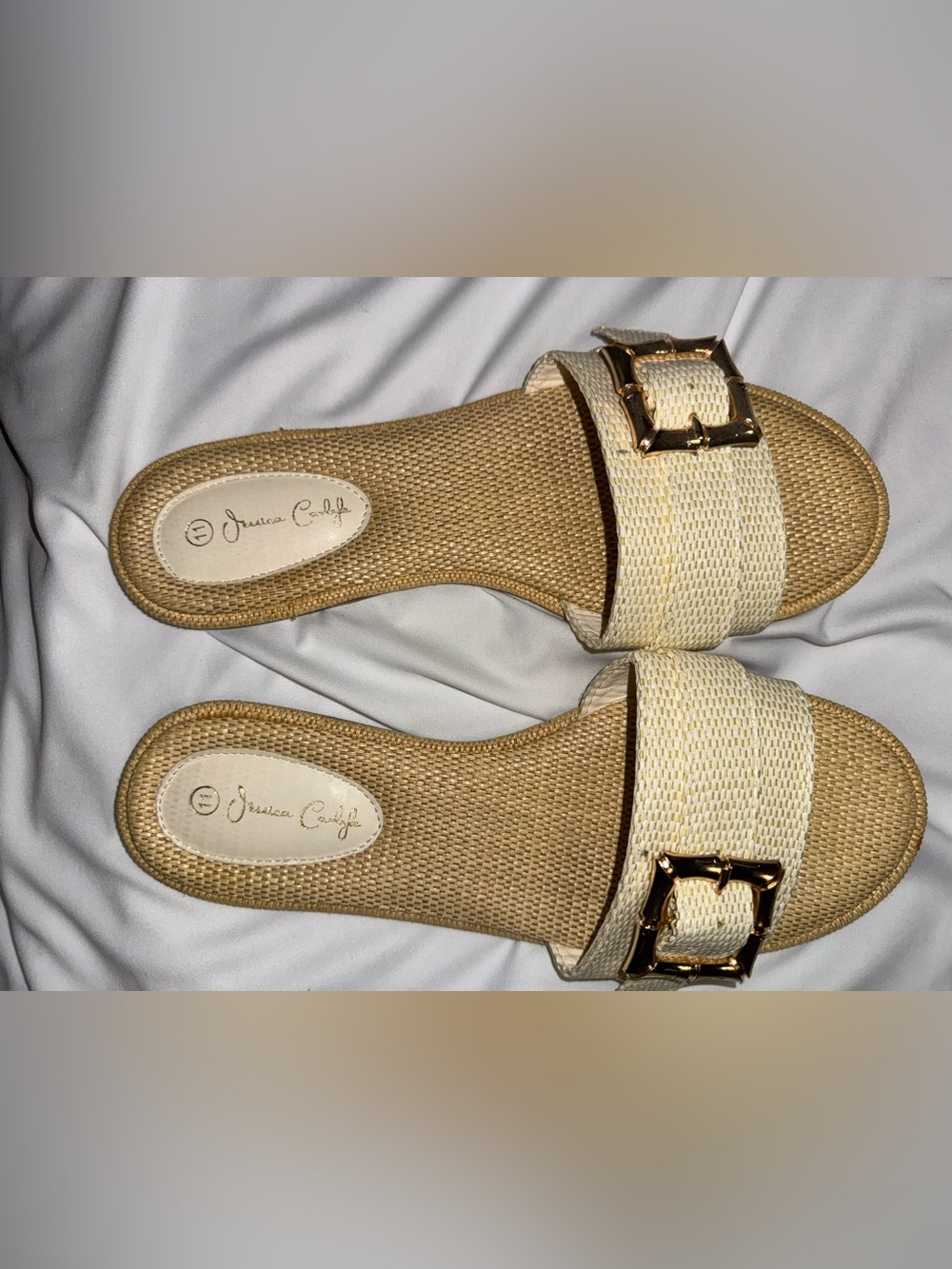Beige Woven Slide Sandals with Gold Buckle